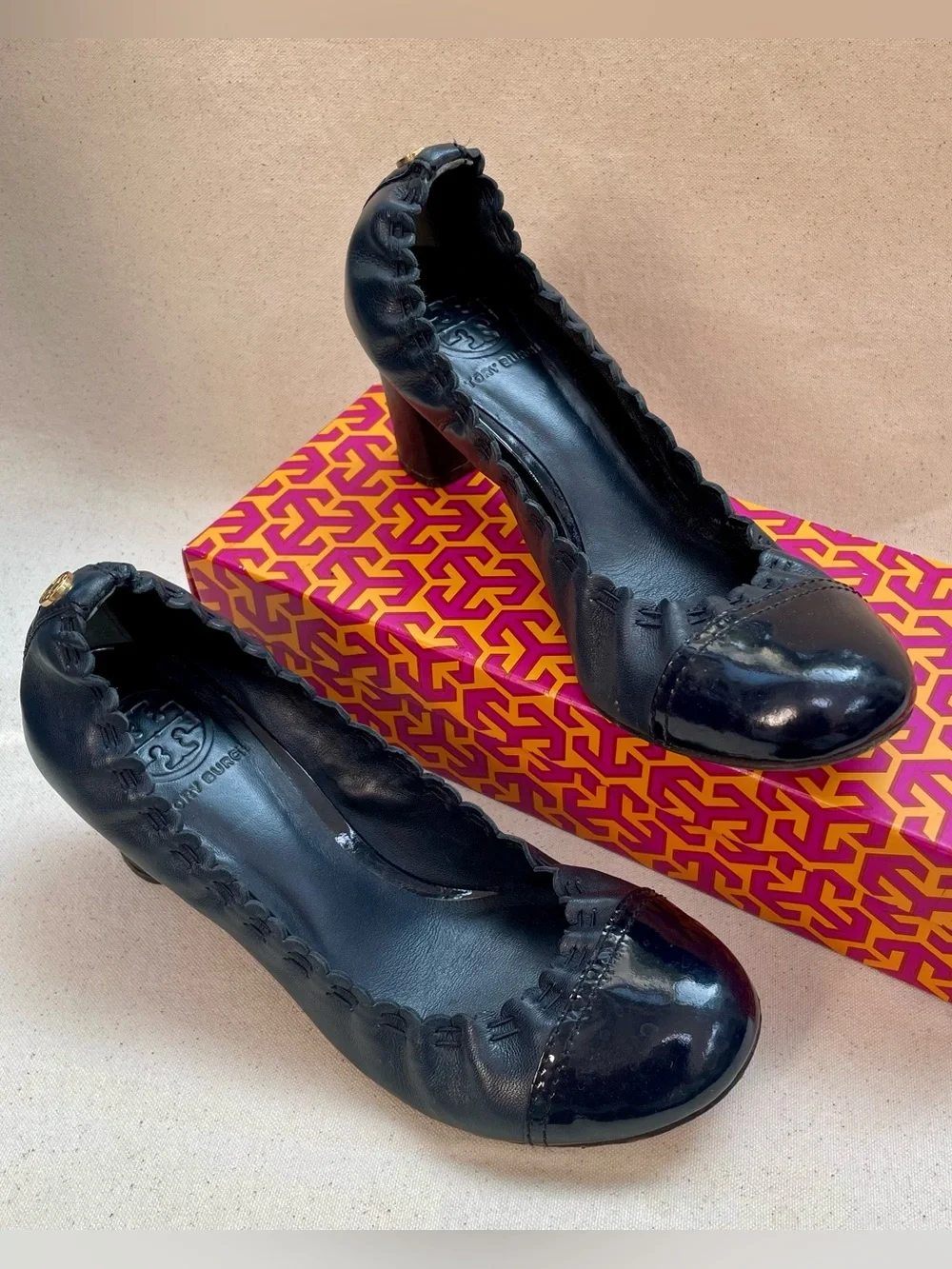 Tory Burch Navy Patent Round-Toe Block Heel Pumps